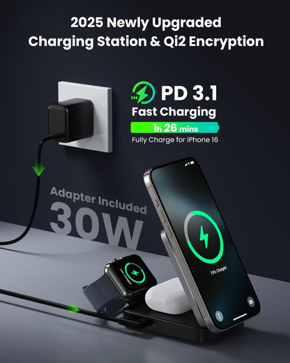 3-in-1 Wireless Charger Charging Station for iPhone, Qi2 Certified 15W Fast Charging Foldable Magnetic Charger Stand with 30W USB C Adapter for MagSafe iPhone 16/15/14/13/12, Apple Watch, AirPods