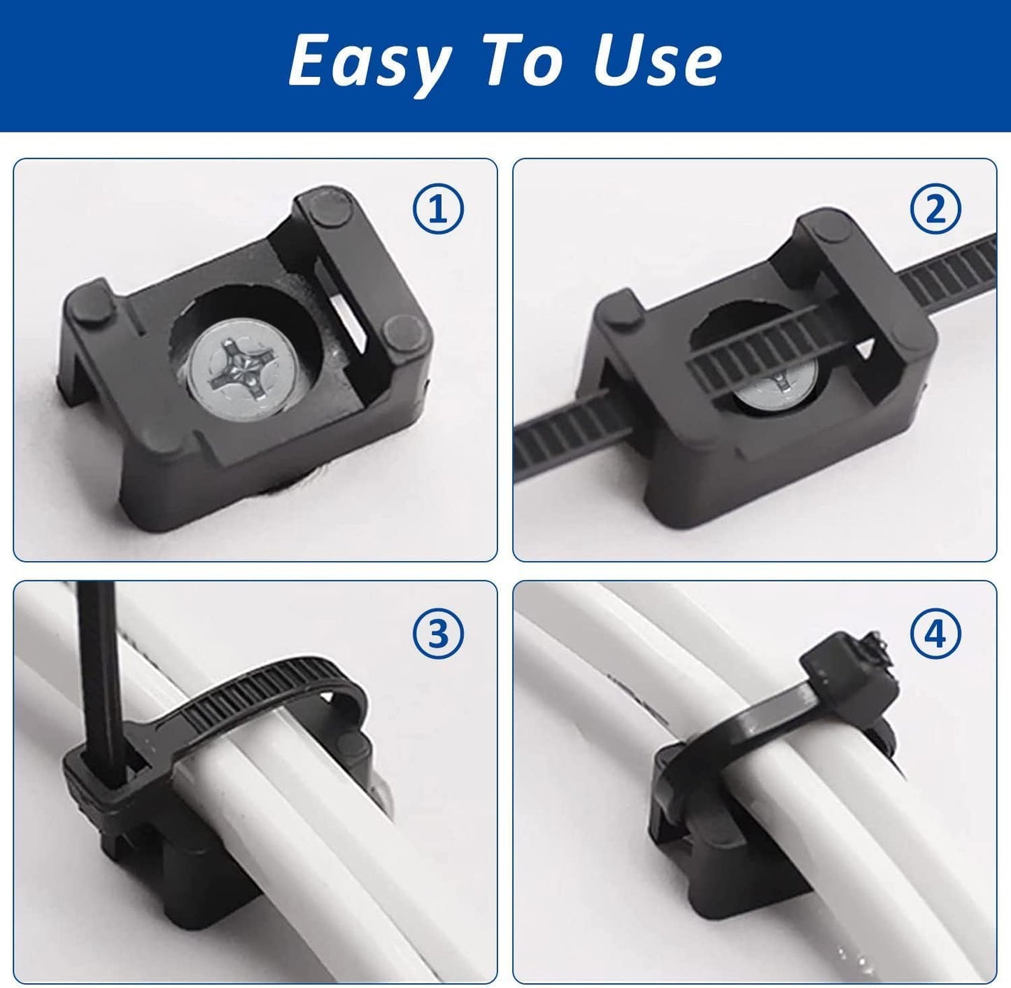 Cable Zip Tie Mounts Kit - 60 Set Wire Cable Clips Organizer Holders with 8" Cable Ties, Saddle Type Mounts Base and Tapping Screw
