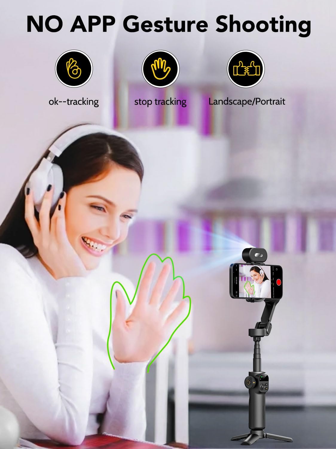 Gimbal Stabilizer for Smartphone,NO APP Tracking,20CM Extension Rod,Face & Object Tracking stabilizer for iPhone & Android,3-Axis OLED Gimbal for Video Recording-AOCHUAN Smart X2AI Black
