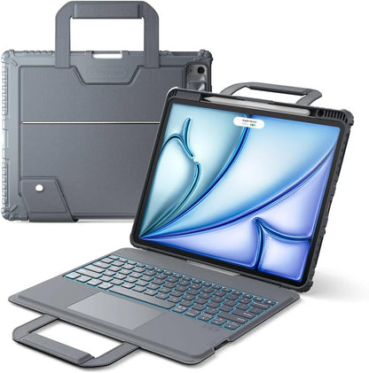 Nillkin Carry Go Keyboard Case for iPad Air 13 inch (M3/M2) with Handle, iPad Pro 12.9 (3rd/4th/5th/6th Gen) Rugged Case with Detachable Keyboard, Magic Trackpad, 7 Colors Backlit, Camera Cover, Gray