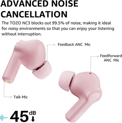 TOZO NC3 Hybrid Active Noise Cancelling Wireless Earbuds with 6 Mics AI Clear Call Ear Buds 55H Playtime with LED Display 32 Preset EQs via APP Bluetooth 5.3 IPX8 Waterproof in Ear Headphones