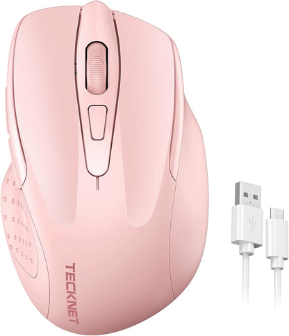 TECKNET Rechargeable Wireless Mouse, 2.4G Silent Mouse, Quiet Click, 6 Adjustable 4800 DPI, Cordless Computer Mouse, Ergonomic Mouse for Laptop, 6 Buttons USB-A Mouse for Chromebook, Ergo Grip - Pink