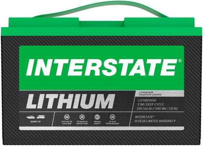 Interstate Batteries 24V 60Ah Group Size 31M Lithium Marine/RV Deep Cycle LiFePO4 Battery, Maintenance Free, Lightweight, Ideal For Boats, Trolling Motors, RV Camping, Off-Grid, Yachts (Li31M24V60)