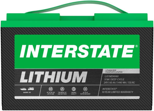 Interstate Batteries 24V 60Ah Group Size 31M Lithium Marine/RV Deep Cycle LiFePO4 Battery, Maintenance Free, Lightweight, Ideal For Boats, Trolling Motors, RV Camping, Off-Grid, Yachts (Li31M24V60)