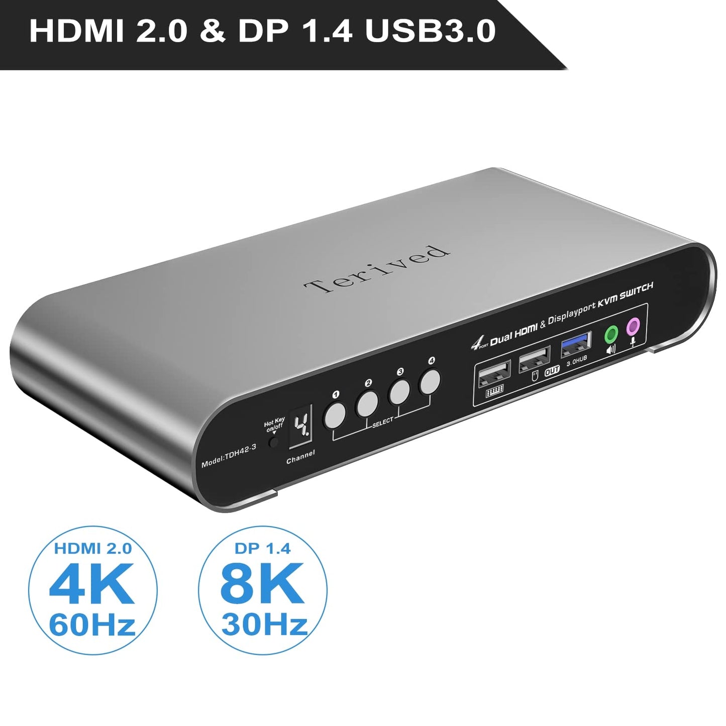 4 Computers 2 Monitors Automatic KVM Switch, HDMI 4k@60Hz + DP 8K 30Hz 4K@144Hz, Aluminum Alloy Shell, Digital Display, Audio/Microphone, hotkey, HDR10 with Cables