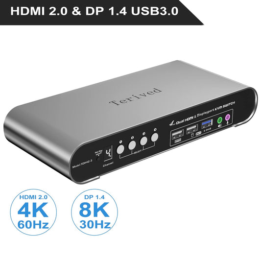 4 Computers 2 Monitors Automatic KVM Switch, HDMI 4k@60Hz + DP 8K 30Hz 4K@144Hz, Aluminum Alloy Shell, Digital Display, Audio/Microphone, hotkey, HDR10 with Cables