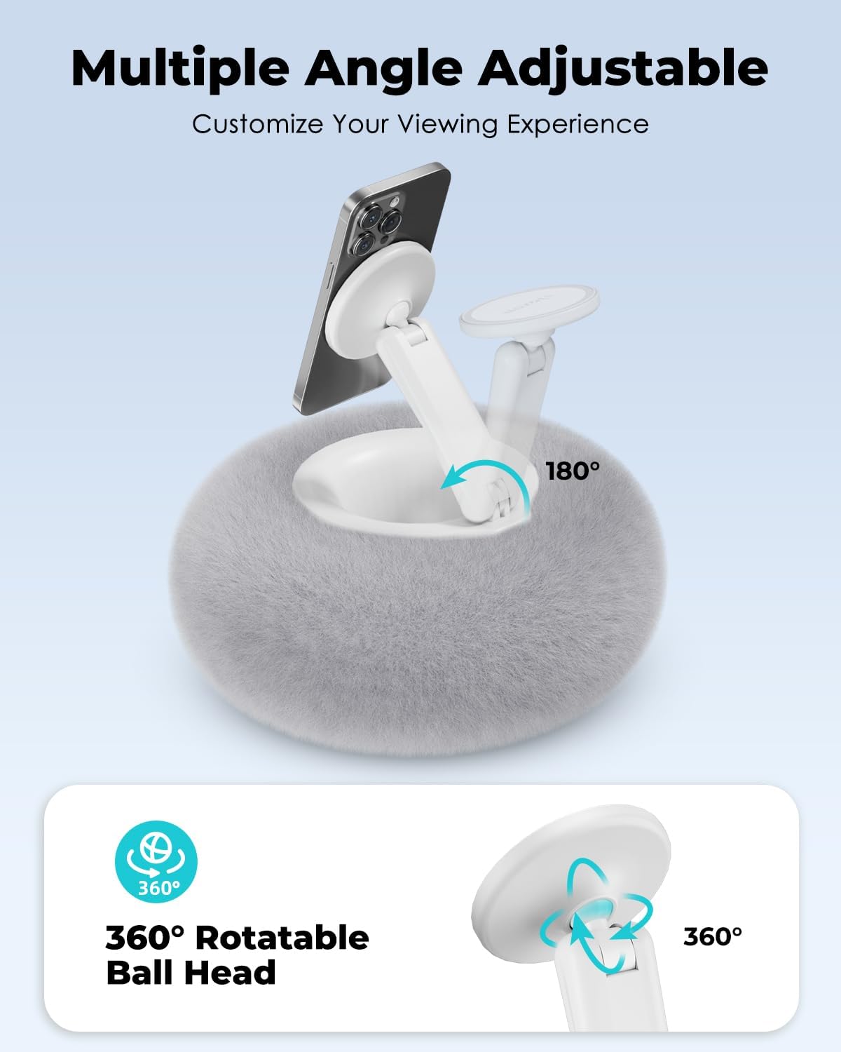 Viozon Phone Holder for Bed, Magnetic Pillow Stand, Compatible with 4-7" Phone/Kindle with Small Storage, Removable Suction Base for Stability, Idea for Kindle Reading and Video Watching On Bed,Grey