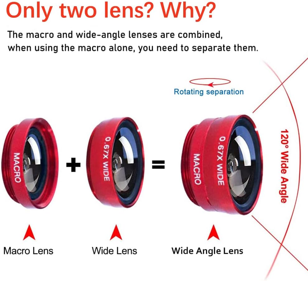 3 in 1 Cell Phone Camera Lens Kit Wide Angle Macro Fisheye Lens Universal for Smart Phones iPhone Samsung Android(Red)