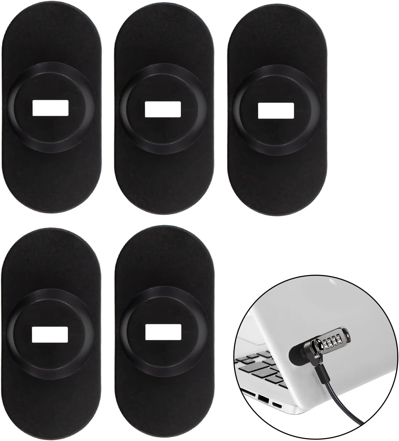 5Pack Anti Theft Self-Adhesive Security Plate with Slot for Cables to Lock Down Laptops, Mac Book, Tablets, iPad, or Other Computer (Black)