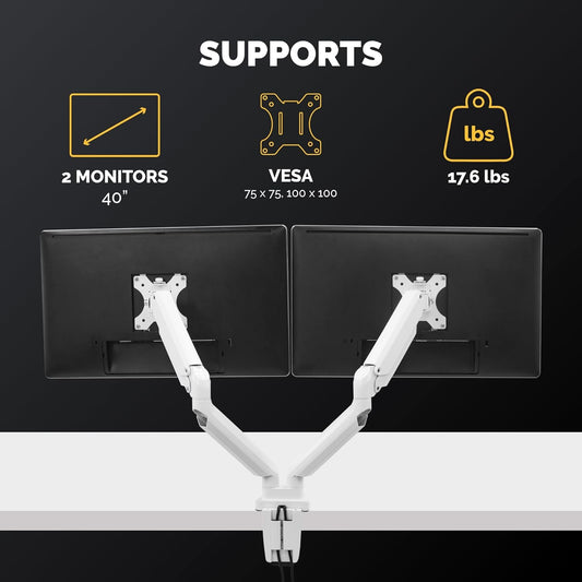 Fellowes Platinum Series Dual Monitor Arm for 40-Inch Monitors, Full Motion, 360° Rotation, VESA Mount with Grommet or Clamp, USB Ports, Ergonomic, White, 8056301