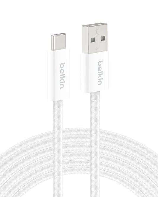 Belkin USB A to USB C Cable, 9.9ft, 15W - Type C Charger, iPhone Charger Cord, Soft, Braided, Flexible for iPhone 16 & 15, Galaxy S25, Pixel 9, iPad Pro, Airpods Pro, Switch & More - White