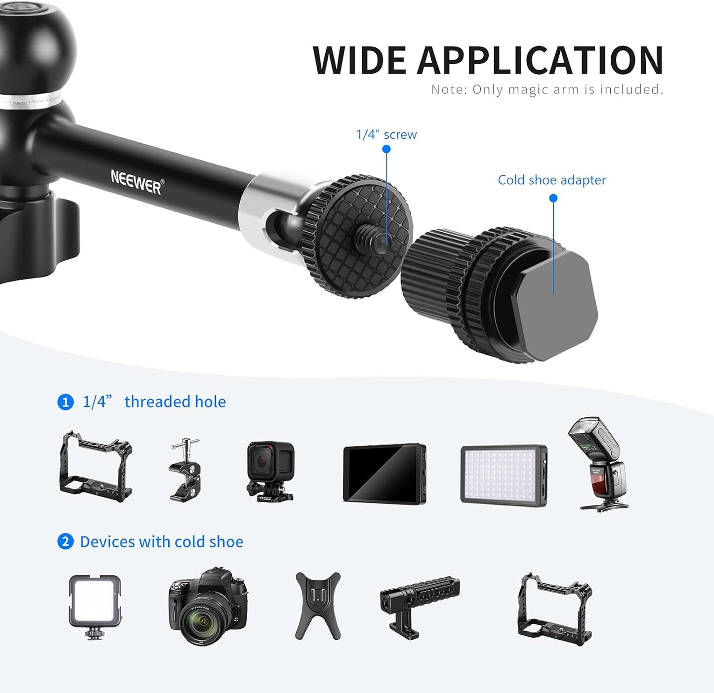 NEEWER 5.9"/15cm Adjustable Friction Magic Arm with 1/4" Screw on Both Ends, Compatible with SmallRig Cage, Flash/LED Light/Microphone/Monitor/SuperClip, Max Load 4.4lb/2kg, ST15
