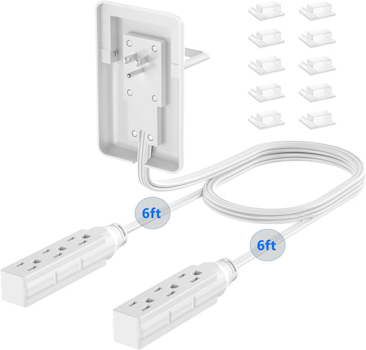 6FT Ultra Flat Plug Dual Extension Cord with 6 Outlets, Ultra-Thin Outlet Cover Power Bar, Outlet Concealer Universal Size Flat Plug Power Strip, Child & Pet Safe, 1625W, White