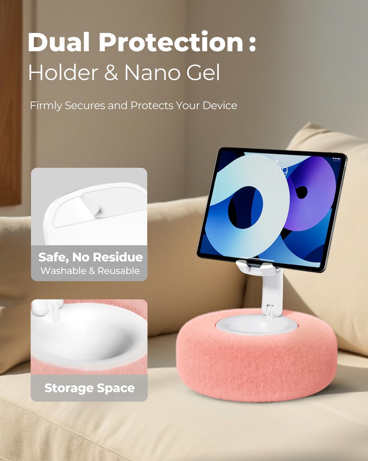 Phone Stand with Pillow, Adjustable iPhone Stand with Anti-Slip Strips, Fuzzy Tablet Holder– Compatible with 4"-7" Devices, Including iPhone, iPad, Kindle, and Android (Pink)