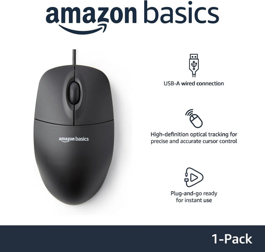Amazon Basics 3-Button USB Wired Mouse with Scrolling and Tracking - Standard, Black