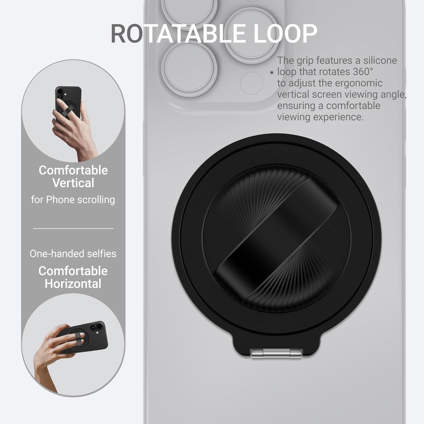 Grat 3 Upgraded Magnetic Phone Grip Stand, 360° Rotatable Silicone Strap Phone Loop Holder, Detachable Ring Kickstand Compatible with Magsafe iPhone 16 15 14 13 12 Pro/max, Black
