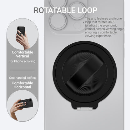 Grat 3 Upgraded Magnetic Phone Grip Stand, 360° Rotatable Silicone Strap Phone Loop Holder, Detachable Ring Kickstand Compatible with Magsafe iPhone 16 15 14 13 12 Pro/max, Black