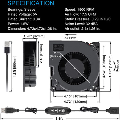 GDSTIME 120mm x 32mm USB Blower Fan with Speed Control, 5V Brushless DC Centrifugal Fans for Receiver DVR Xbox Modem AV Cabinet Cooling