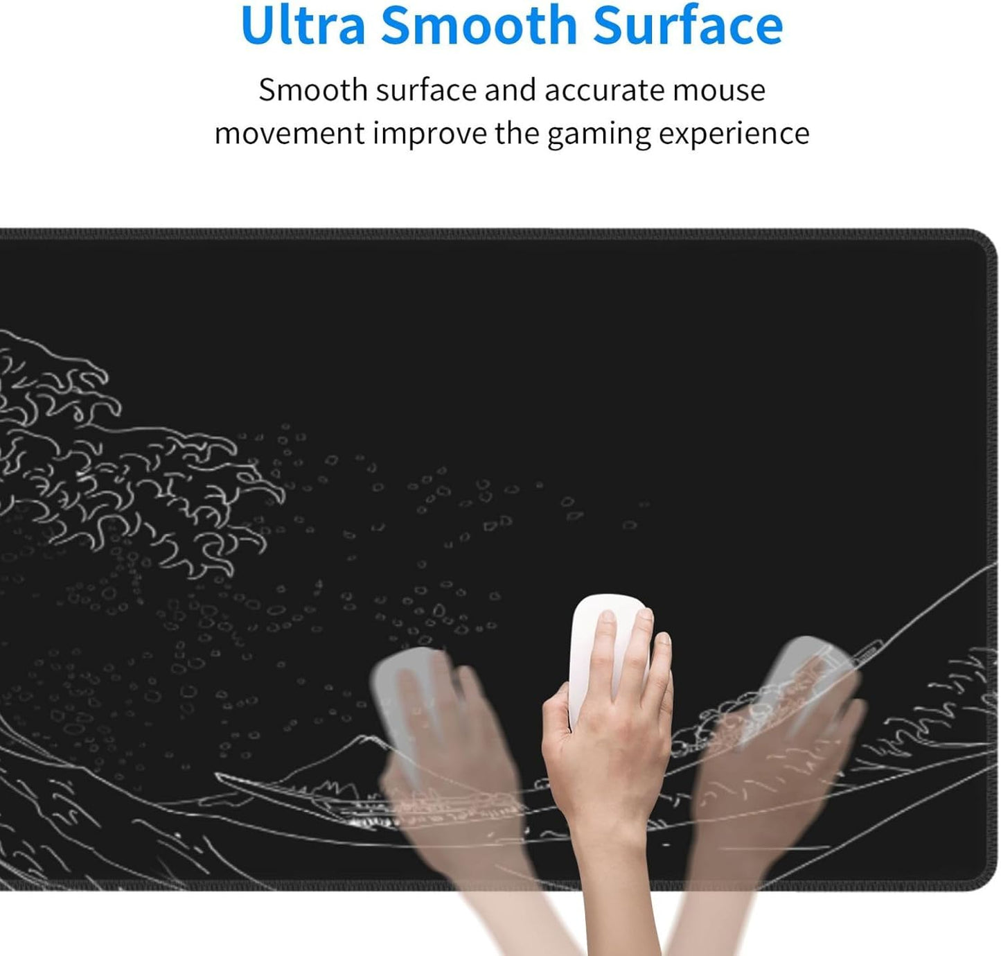 Japanese Gaming Mouse Pad Black Mouse Pad Kanagawa Large Mousepad Non-Slip Rubber Base Waterproof with Stitched Edges for Gaming Office Home, 31.5x11.8 Inch (Black Wave)