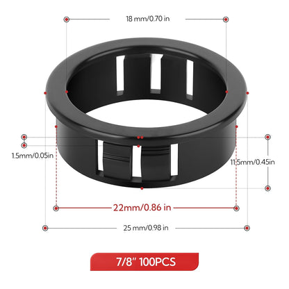 100PCS 7/8" Black Cable Snap Bushing Grommet, Snap in Cord Bushing Protect Cables
