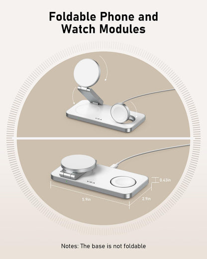 VBA 3 in 1 Wireless Charging Station for Apple MagSafe Charger,Foldable Fast Charging Magnetic Wireless Charger Stand,Travel Charger for iPhone 16 15 14 13 12,Apple Watch,AirPods Pro(White)