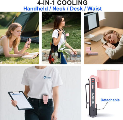 CAZOKASI Rechargeable Strong Wind Handheld Fan With Ambient Lighting 4 IN1 5000mAh Upto 22H For Desktop Waist Clip Neck (StrongWind/Pink)