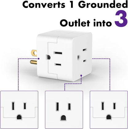 POWERCORDS 3 Power Blocks Outlet Splitter, 3 Pack, Grounded Wall Tap, 3-Prong Plug Adapter AC Multi Plug Wall Outlet, Power Splitter, Cruise Essentials, for Home Office School Dorm, UL Listed, White