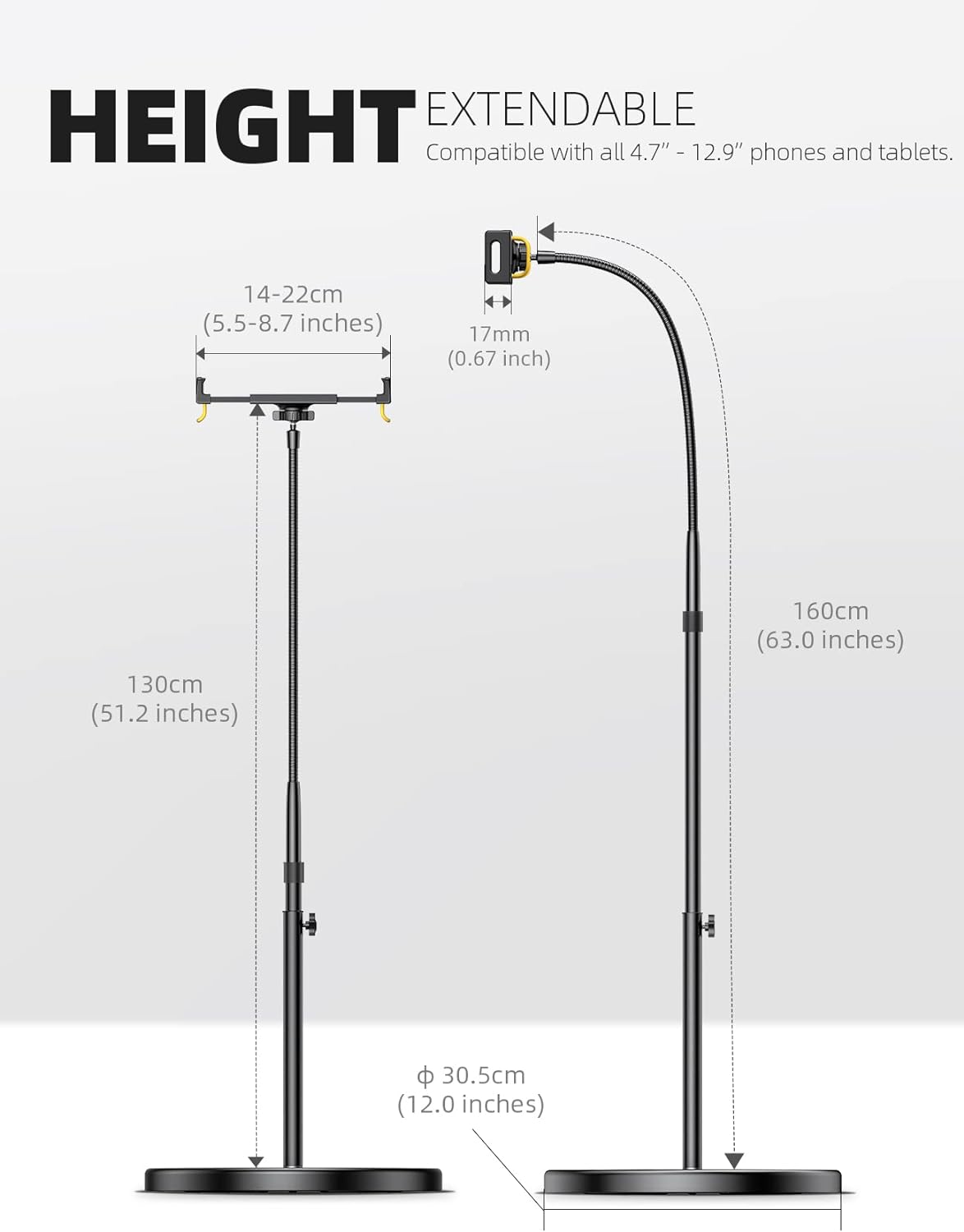 Lamicall Tablet Floor Stand Holder - Gooseneck Tablet Mount for Bed, 63" Adjustable Height & 10.6lb Stable Base, for 4.7-13" Tablets, iPad Pro 13/9.7, Air, Mini, Galaxy Tab, Kindle, Phones