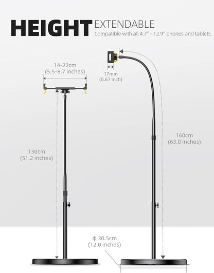 Lamicall Tablet Floor Stand Holder - Gooseneck Tablet Mount for Bed, 63" Adjustable Height & 10.6lb Stable Base, for 4.7-13" Tablets, iPad Pro 13/9.7, Air, Mini, Galaxy Tab, Kindle, Phones