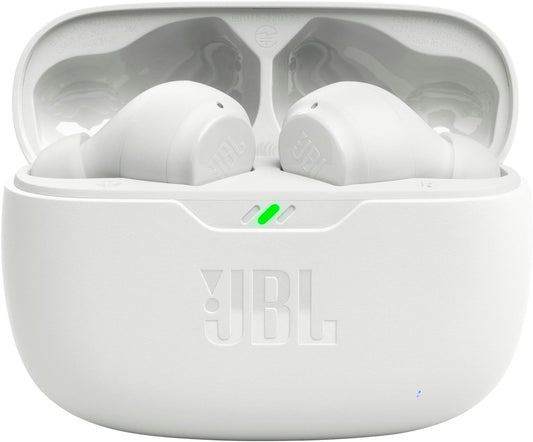 JBL Vibe Beam - True Wireless JBL Deep Bass Sound Earbuds, Bluetooth 5.2, Water & Dust Resistant, Hands-free call with VoiceAware, Up to 32 hours of battery life (White)