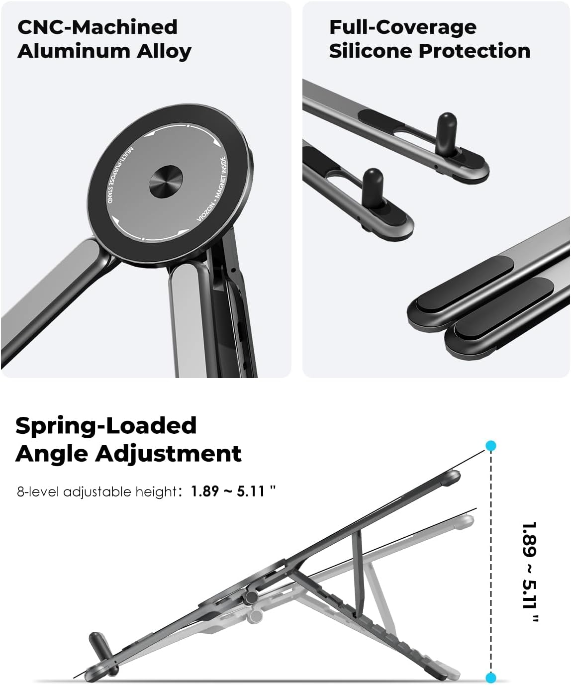 Viozon Magnetic Phone Holder Tripod, Portable Laptop Stand for Desk, Compatible with 10–16" Laptops and 4–13" Phones/Tablets, Compact Foldable Aluminum Alloy,Travel Essentials