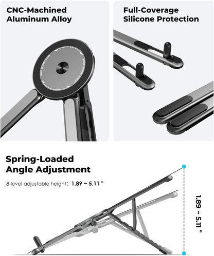 Viozon Magnetic Phone Holder Tripod, Portable Laptop Stand for Desk, Compatible with 10–16" Laptops and 4–13" Phones/Tablets, Compact Foldable Aluminum Alloy,Travel Essentials