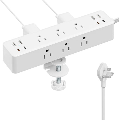 Flat Plug Desk Clamp Power Strip 10FT, 24W Total Charging Station, Desk Edge Mount Power Strip 9 AC Outlets 8 USB Ports Surge Protector, Fit 1.7" Tabletop Edge, Home Office Accessories, White