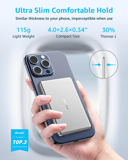 “Air” Power Bank for MagSafe 5000mAh, Ultra Slim Magnetic Wireless Portable Battery Charger Case with USB-C Cable, Compatible with iPhone 17/16/15/14/13/12 Series Only (Sliver)