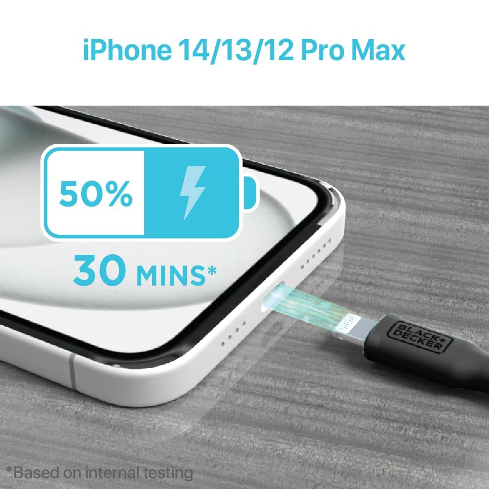 BLACK+DECKER Lightning to USB Cable - Fast Compatible iPhone Lightning Cable - Durable Braided iPhone Charger Cord - for Travel and Daily Use - Multiple Color + Length Options - 9ft