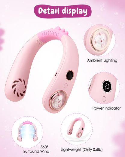 Neck Fan for Kids,Bladeless Portable Fan Rechargeable for 4-14Y Girls & Boys, 2400mAh USB Personal Cooling Mini Fan Rechargeable for Travel/Disney/Camping, 3 Speeds, Summer Essentials(Pink)