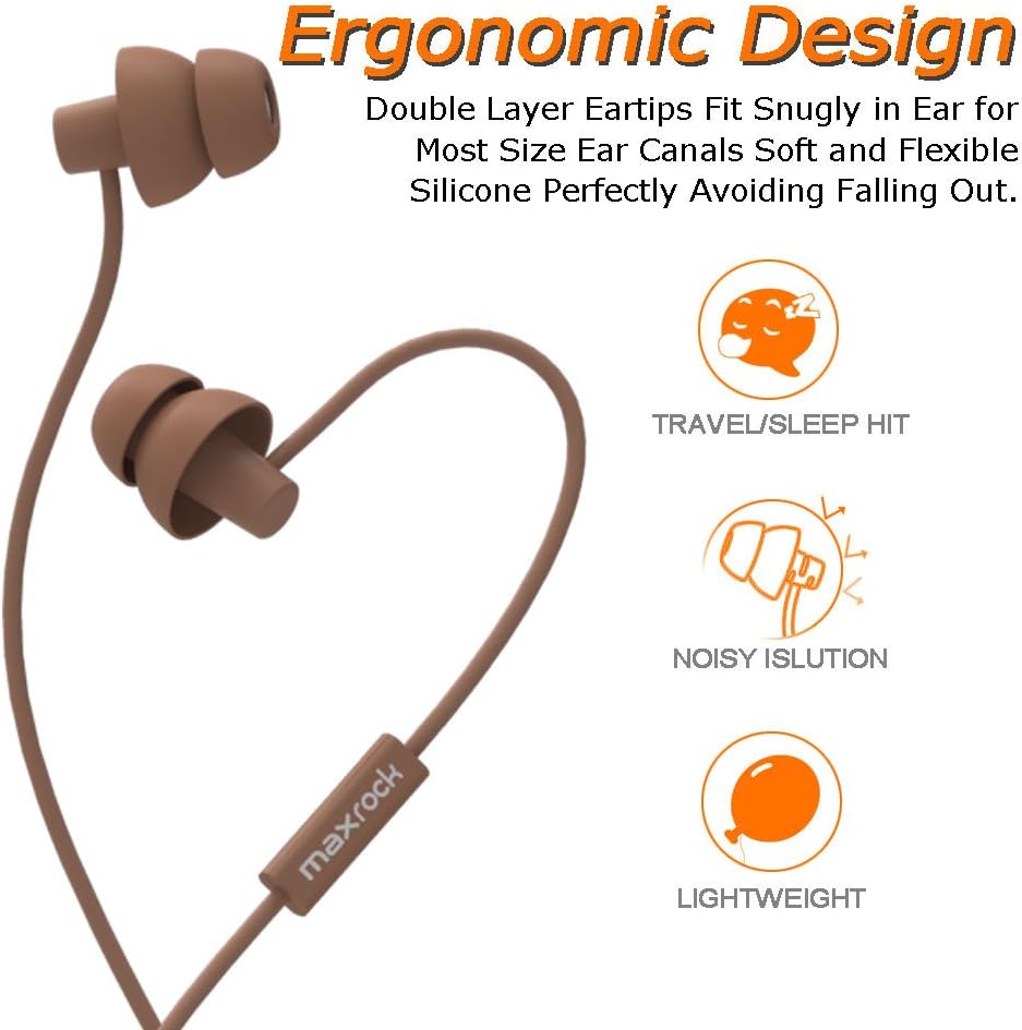 MAXROCK Sleeping Headphones, in-Ear Soundproof Earplug Soft Earbuds with Mic Noise Cancelling Sleep Earphones for Side Sleeper, Insomnia, Snoring, Air Travel, Bedtime Listening… (Coffee)