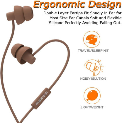 MAXROCK Sleeping Headphones, in-Ear Soundproof Earplug Soft Earbuds with Mic Noise Cancelling Sleep Earphones for Side Sleeper, Insomnia, Snoring, Air Travel, Bedtime Listening… (Coffee)