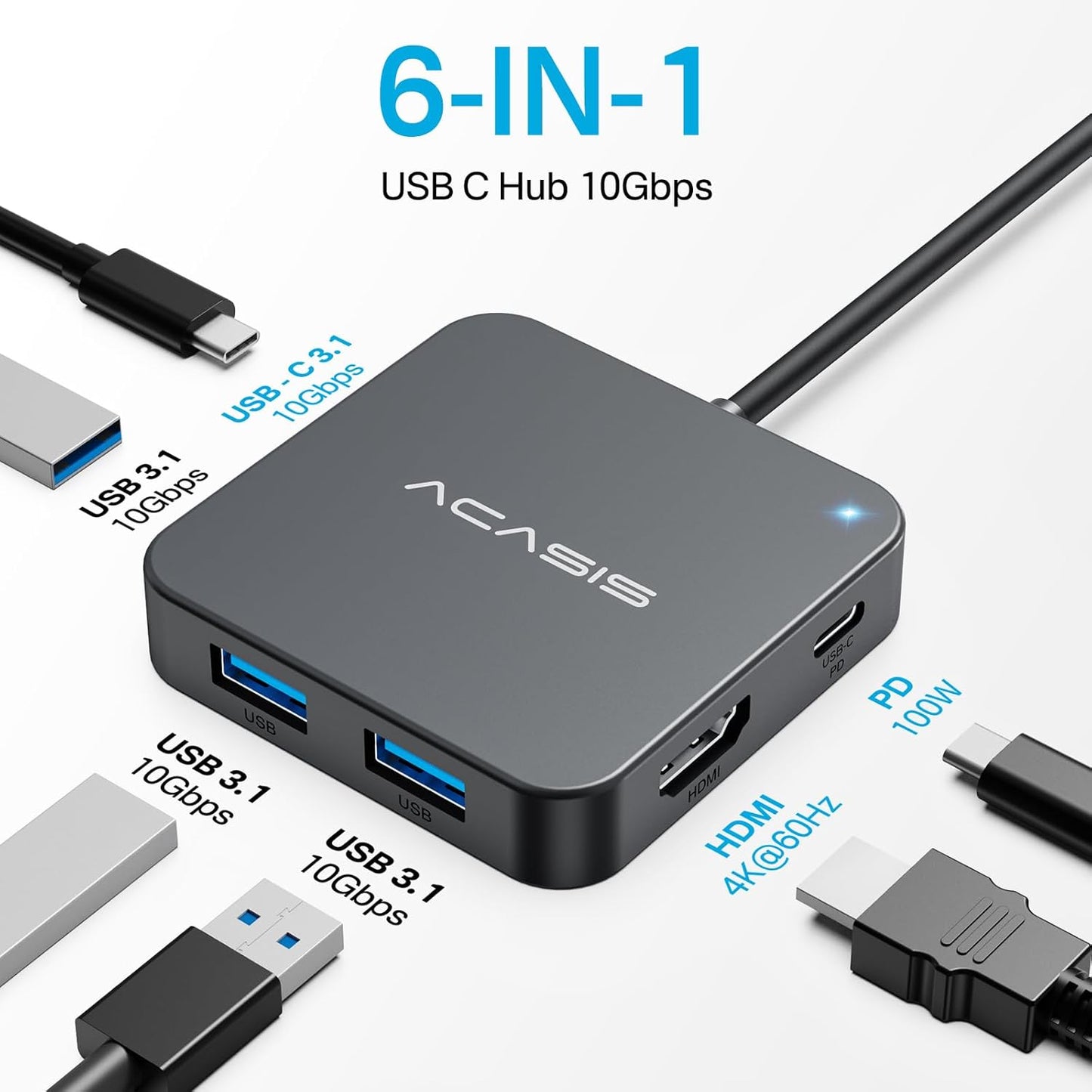 USB C Hub 10Gbps, Multiport Adapter with 4K 60Hz HDMI, 100W Power Delivery, 3 USB A3.1+1 USB-C 3.1 Data Port, USB C to HDMI Adapter for MacBook, Dell, Lenovo, Surface, iPad PRO, XPS(Grey)