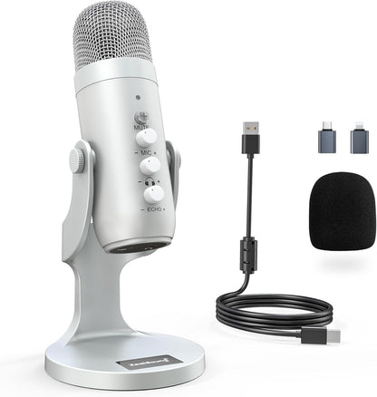 ZealSound USB Microphone,Condenser Computer PC Mic,Plug&Play Gaming Microphones for PS 4&5.Headphone Output&Volume Control,Mic Gain Control,Mute Button Vocal,YouTube Podcast on Mac&Windows(Silver)