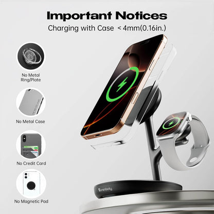 3 in 1 Wireless Charging Station for Multiple Devices Apple Magsafe Charger Stand, Mag-Safe Wireless Charger Dock for iPhone 16 15 14 13 12 Series Apple Watch Airpods Nignt Stand Charging Dock(Black)