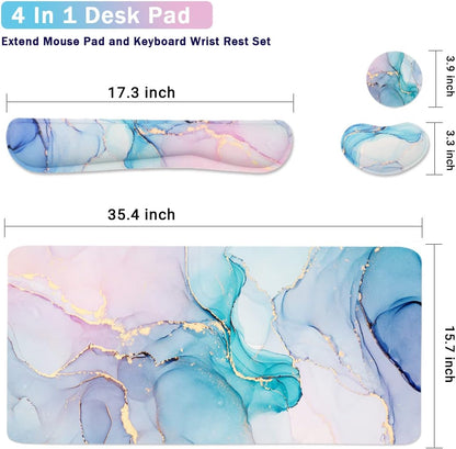 Ergonomic Large Mouse Pad and Keyboard Wrist Rest, Desk Pad for Keyboard and Mouse, 4-in-1 Large Gaming Mouse Pad with Wrist Support - Blue Marble