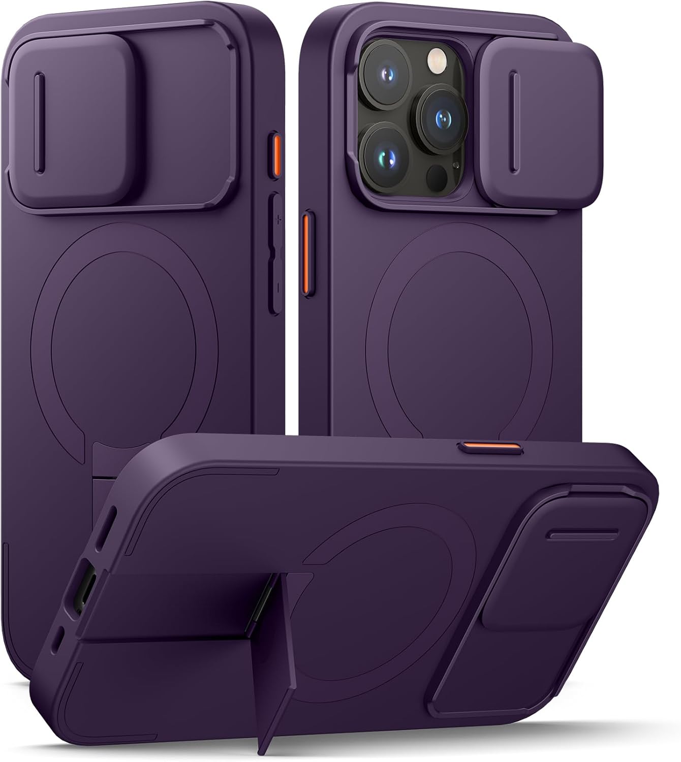 SURITCH for iPhone 15 Pro Case with Magnetic Camera Slide Cover and Adjustable Kickstand, Compatible with MagSafe, Shockproof Bumper Case Slim Protective Cover 6.1 Inch, Dark Purple