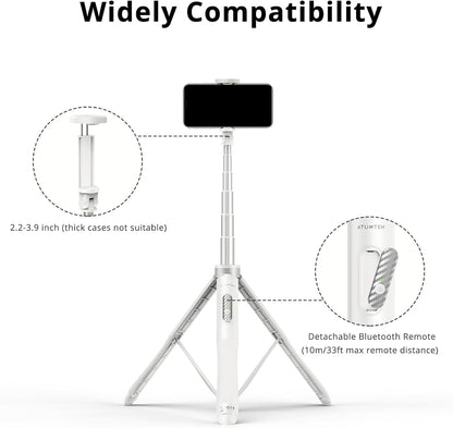 ATUMTEK 51" Selfie Stick Tripod, All in One Extendable Phone Tripod Stand with Bluetooth Remote 360° Rotation for iPhone and Android Phone Selfies, Video Recording, Vlogging, Live Streaming, White