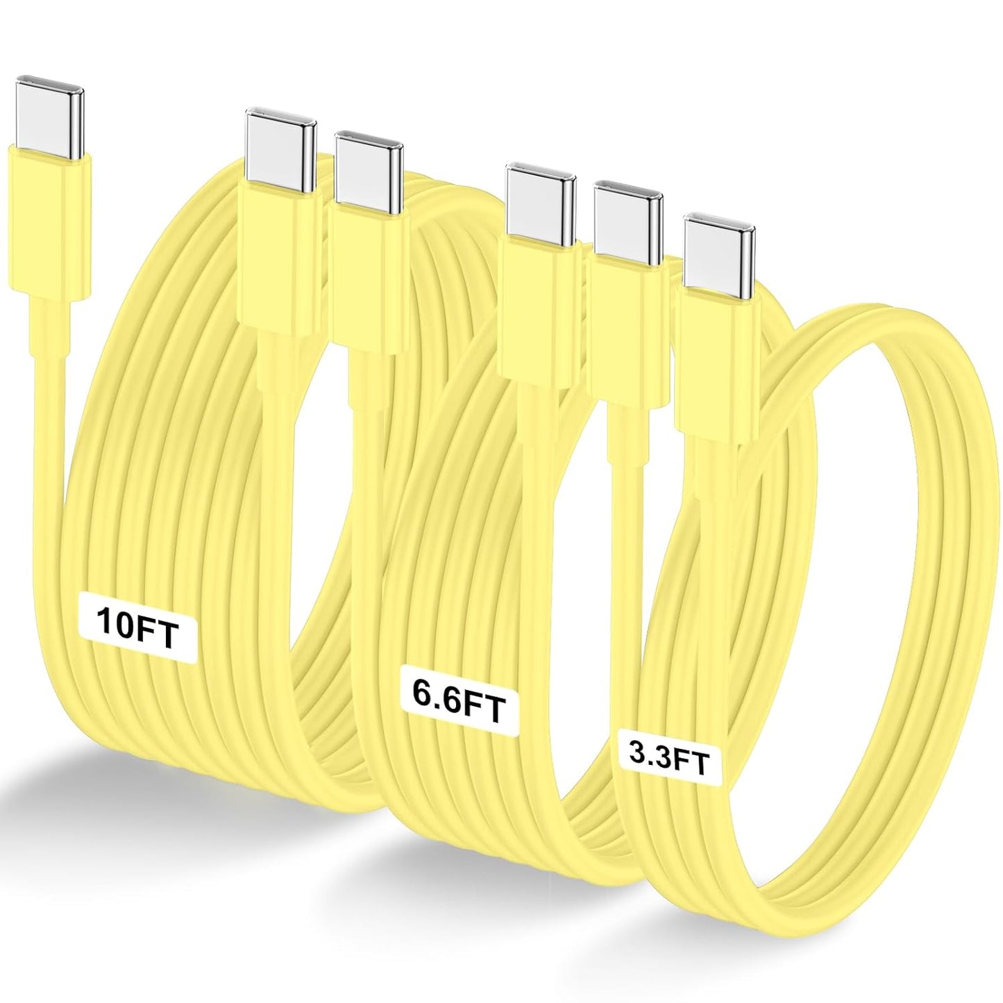 3-Pack Yellow [3.3FT+6.6FT+10FT] 60W USB C to USB C Cable, Type C Fast Charging Cable for iPhone 16 15 Pro Plus Pro Max，for Galaxy S24 S23, for iPad Pro/Air, for MacBook Pro/Air and More