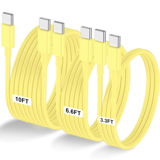 3-Pack Yellow [3.3FT+6.6FT+10FT] 60W USB C to USB C Cable, Type C Fast Charging Cable for iPhone 16 15 Pro Plus Pro Max，for Galaxy S24 S23, for iPad Pro/Air, for MacBook Pro/Air and More