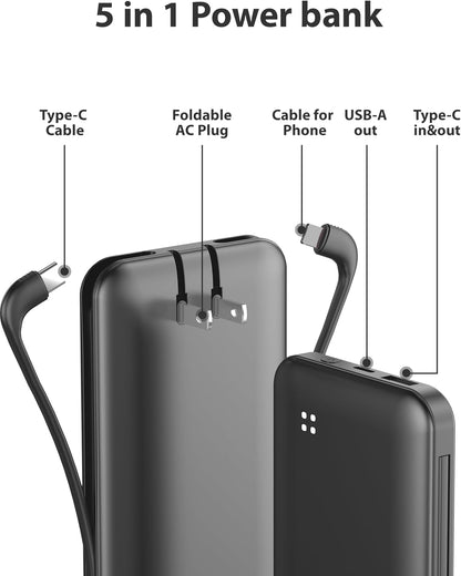 Alongza Portable Charger Built-in Cables and AC Wall Plug, Slim Fast Charging Power Bank 10000mAh, Lightweight USB C External Battery Pack Compact Travel Cell Phone Charger