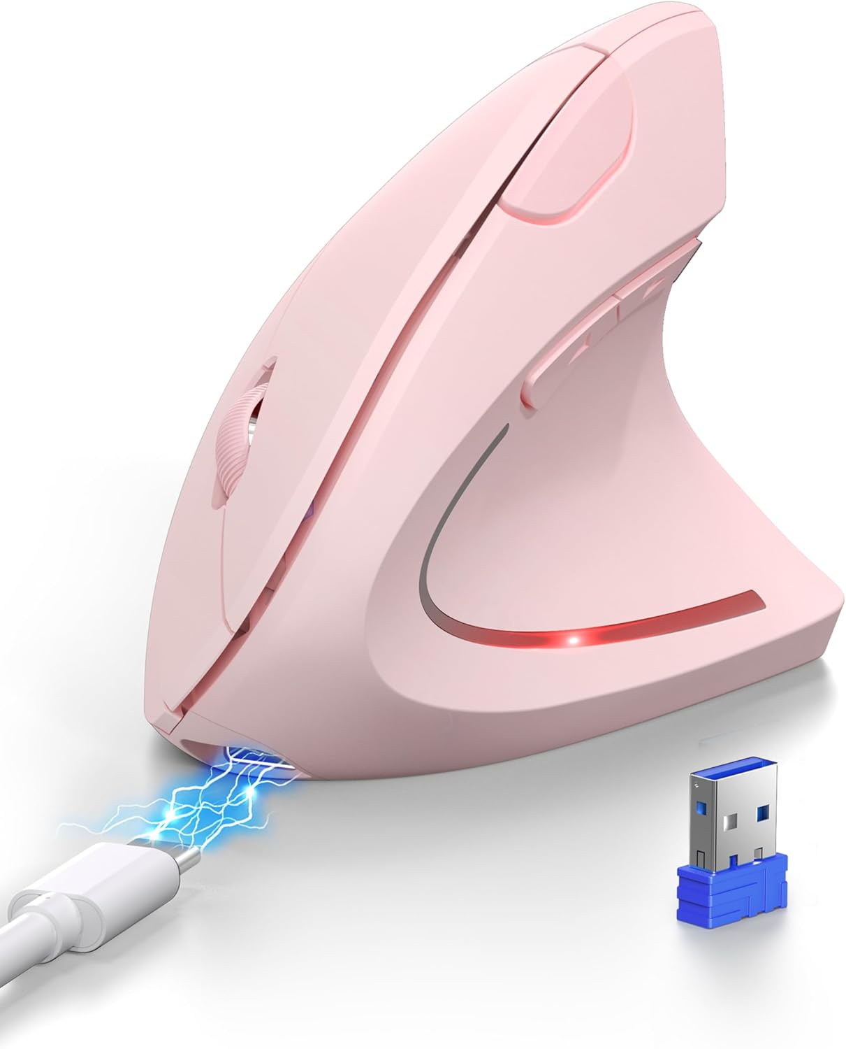 TECKNET Ergonomic Mouse, Rechargeable 2.4G+Bluetooth Vertical Mice 6 DPI Adjustable, Wireless Optical Carpal Tunnel Mouse for Right Hand, Silent 6 Buttons for Laptop, PC, MacBook, iPad - Pink