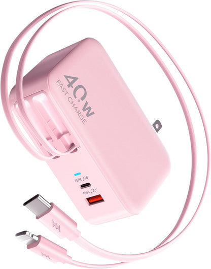 4-in-1 Retractable Gan Wall Charger Plug,Travel Essentials Brick Multiport USB Ports,3ft Lightening and Type c Cables,40W Multi Fast Charging Foldable Block for iPhone 16/15/14/13,iPad,Galaxy,Pixel