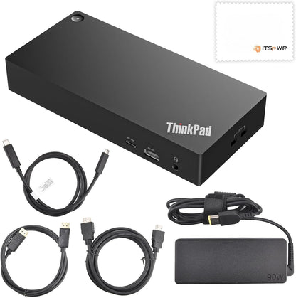 Thinkpad 40AY0090 Universal Hybrid USB-C with USB-A Docking Station for Lenovo Laptop, 3 External Displays, Comes with ITSPWR HDMI 4K Cable + DP Cable+ Cleaning Cloth